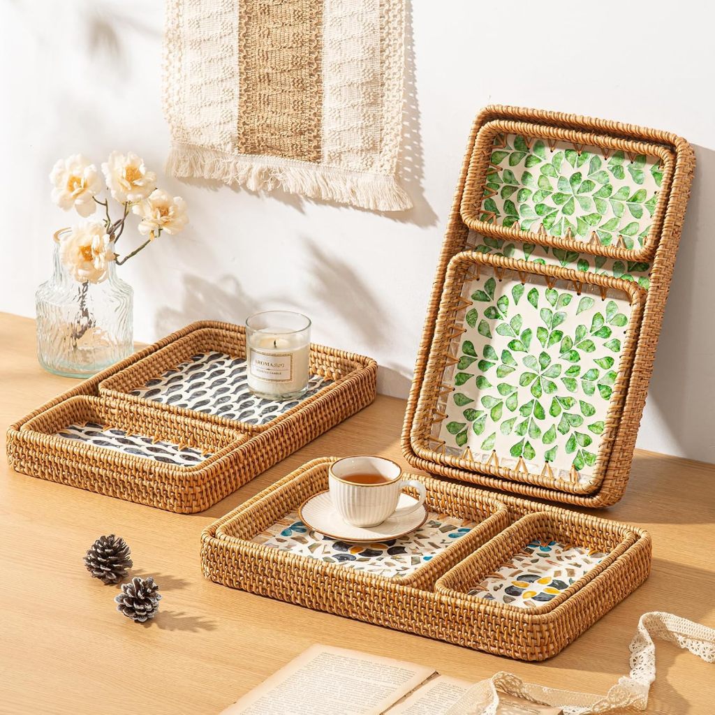 Set of 3 Rattan Mother of Pearl Trays Boho Decorative Tray for Coffee ...