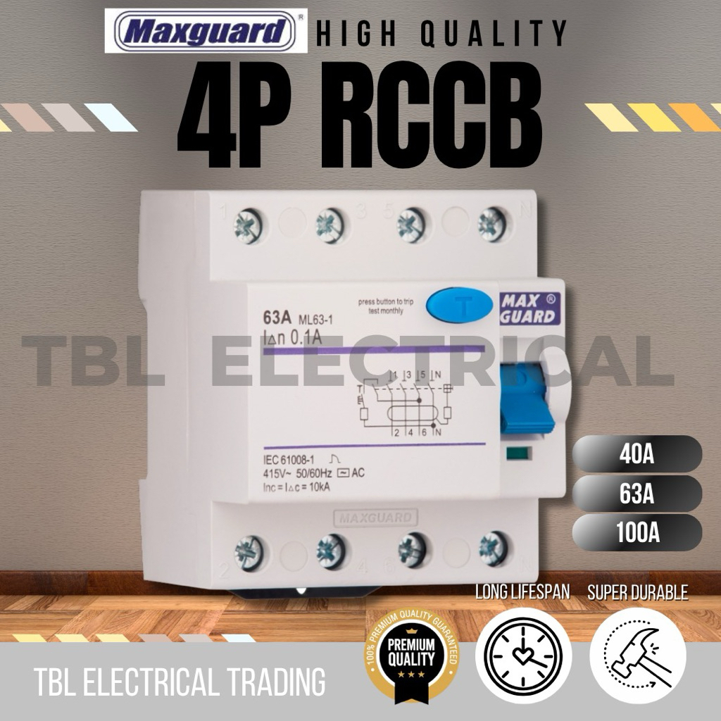 MAXGUARD 4 POLE ELCB / RCCB 40A / 63A / 100A(30mA / 100mA & 300mA)SIRIM ...