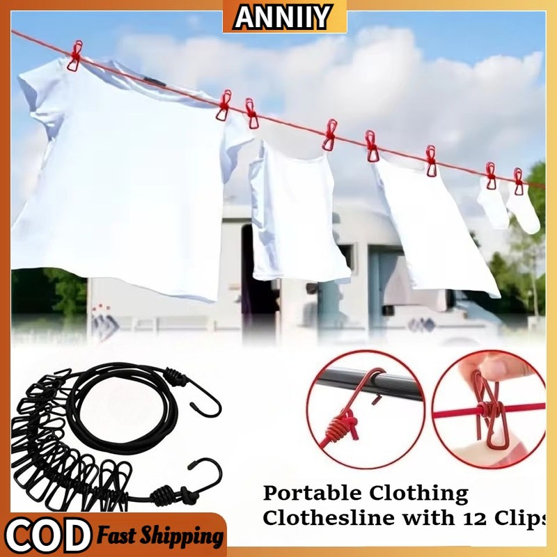 1.8m Portable Clothesline With 12 Clips Windproof Retractable Rack Clip ...