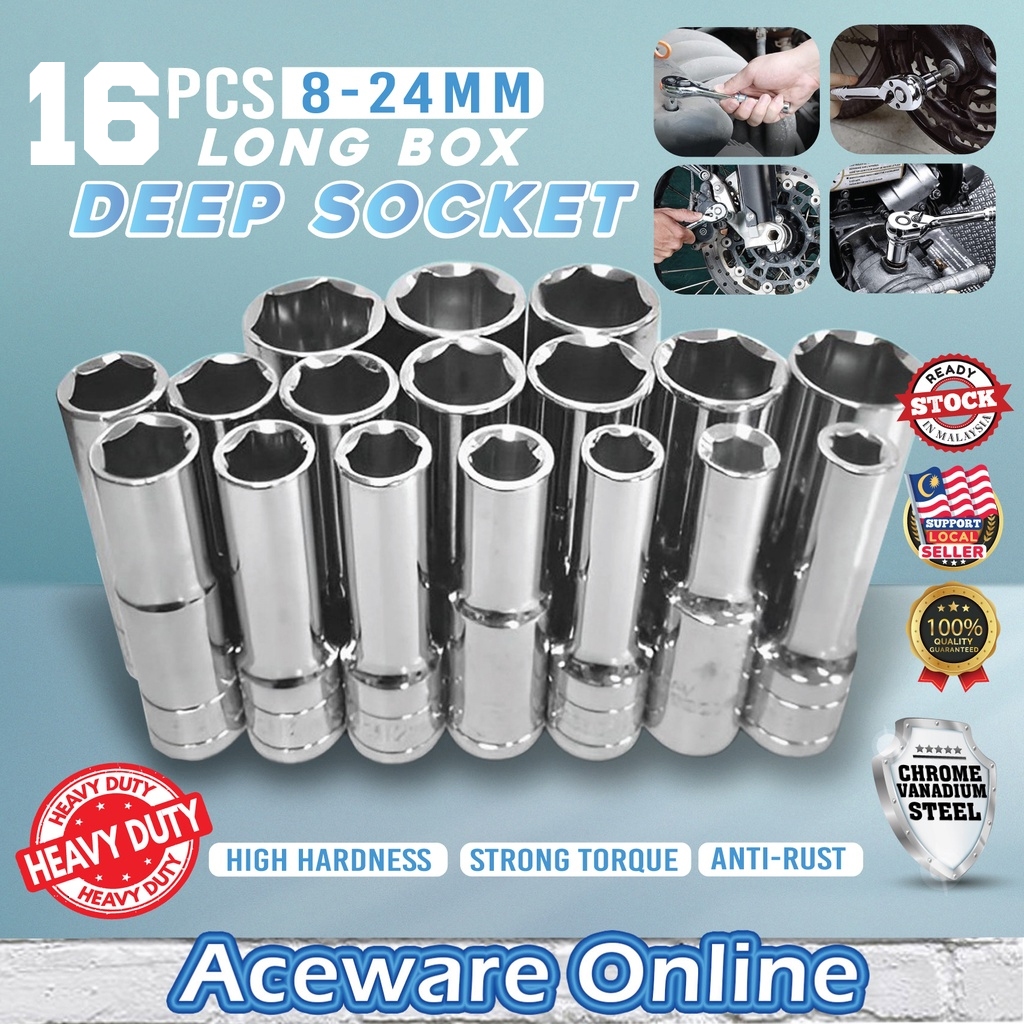 16PCS 8-24MM Long Box Deep Socket Impact Driver Torque Wrench Heavy ...