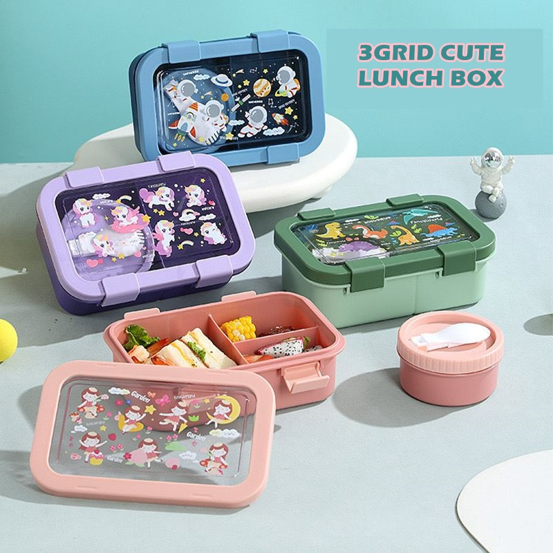 Cute Lunch Box 3 Compartments With Soup Box Food Storage Bento Cutlery ...