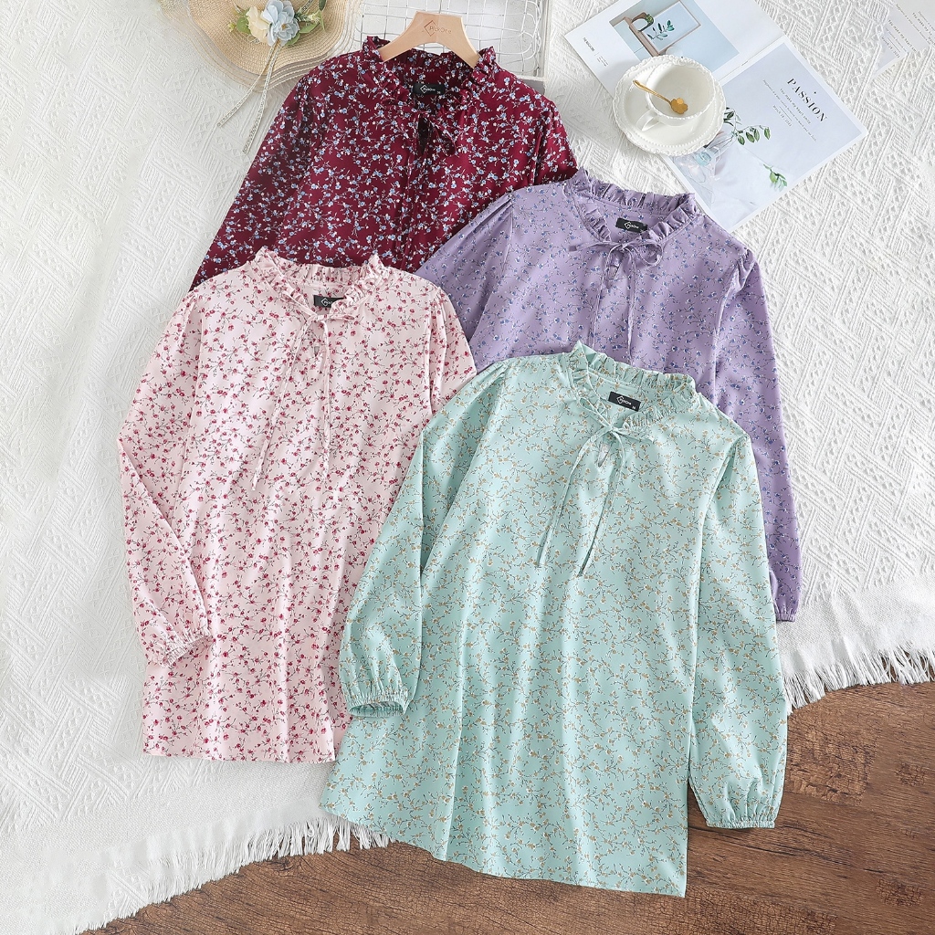 PickOne Fashion Muslimah Casual Ditsy Floral Ruffle Blouse for Women ...