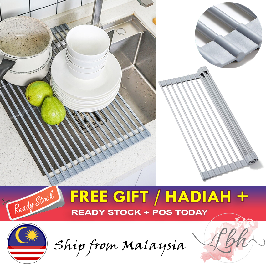 [LBH] Foldable Sink Drain Rack Stainless Steel Drainer Roll Up Dish ...