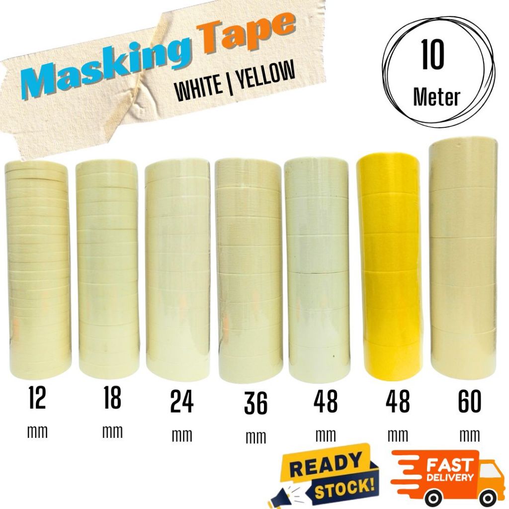 [1 TUBE] MASKING TAPE White/Yellow 10 meter x 60mm 48mm 36mm 24mm 18mm ...