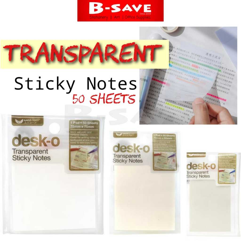 Transparent Sticky Notes Waterproof Bookmark Memo Pad 50 Sheets 透明纸条 半粘 ...