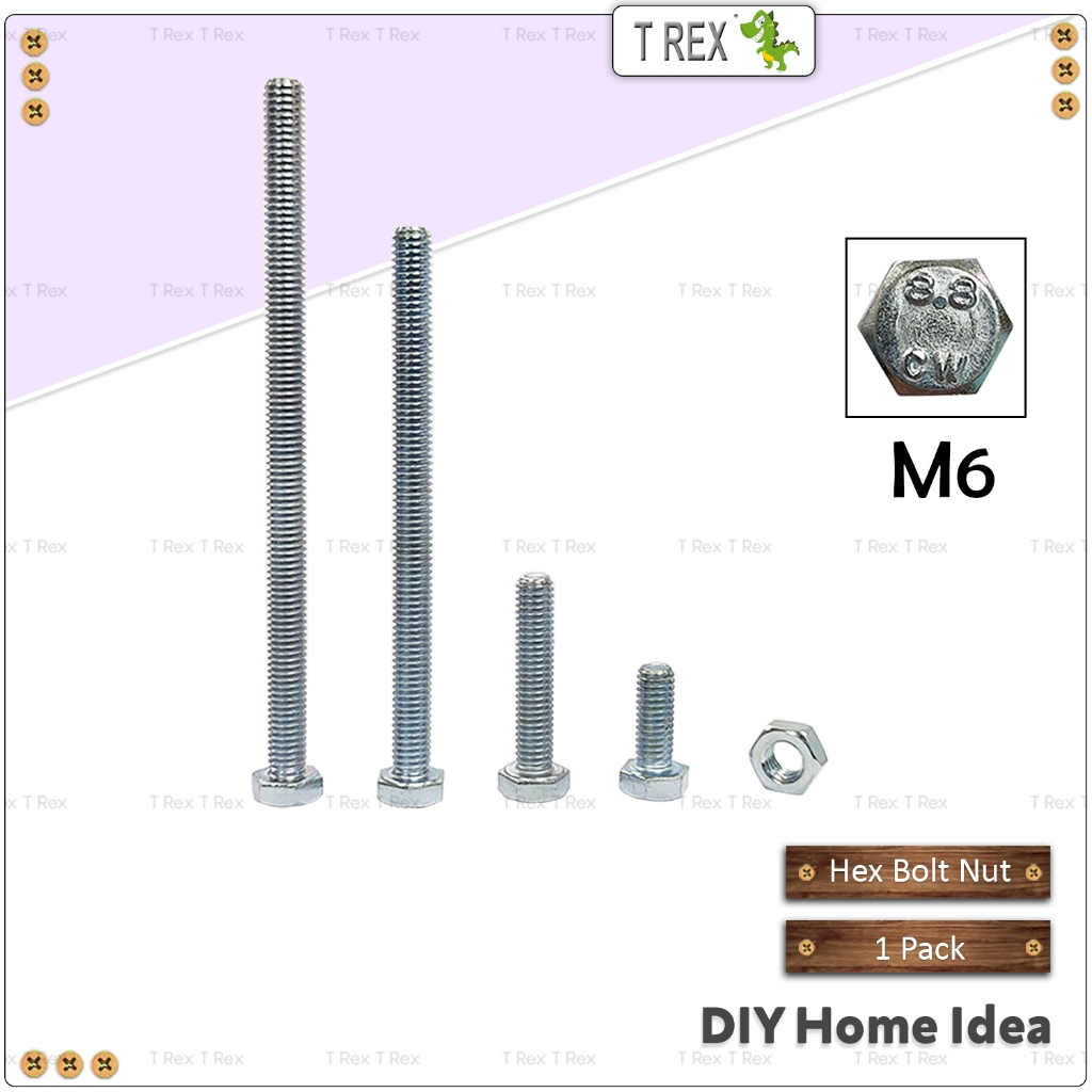 T Rex DIY M6 Hex Bolt & Nut Zinc Plated / Mild Steel Fastener / Rust ...