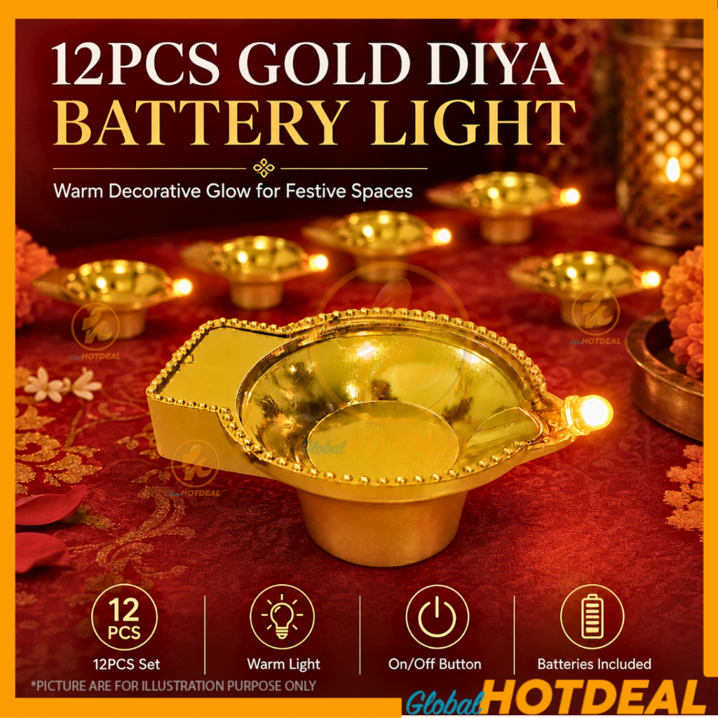 12PCS Deepavali Gold LED Diya Light Battery Operated Agal Vilakku Warm ...