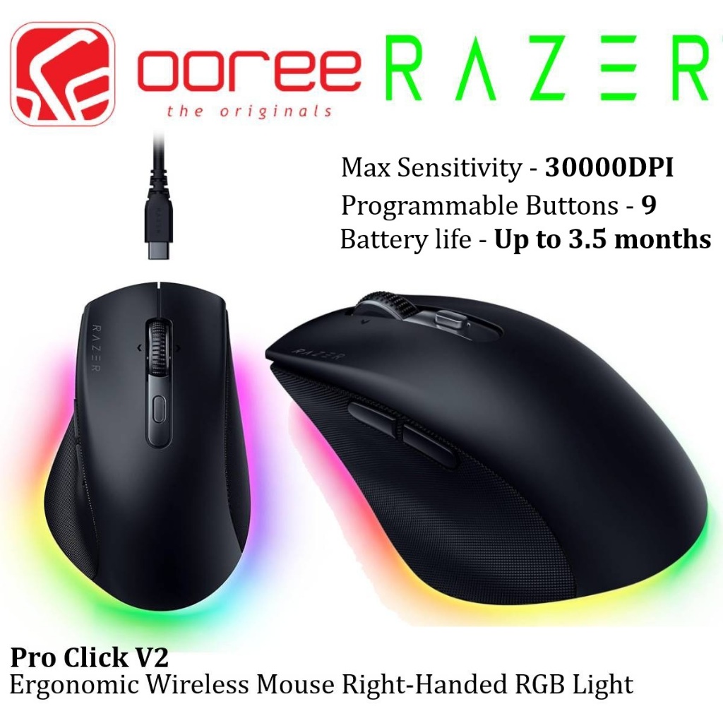 RAZER PRO CLICK V2 ERGONOMIC RIGHT HANDED WIRELESS MOUSE 9 PROGRAMMABLE ...