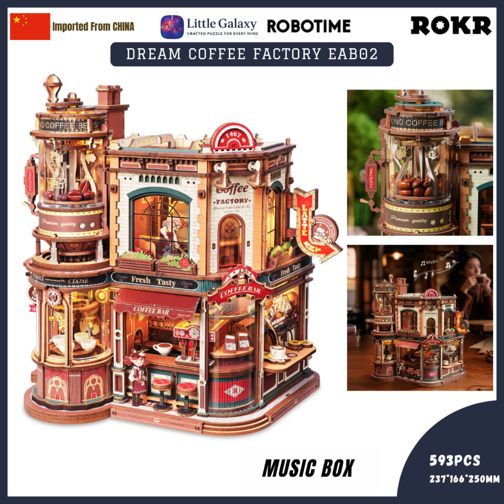 Robotime ROKR 3D DIY Wooden Puzzle Dream Coffee Factory Music Box ...