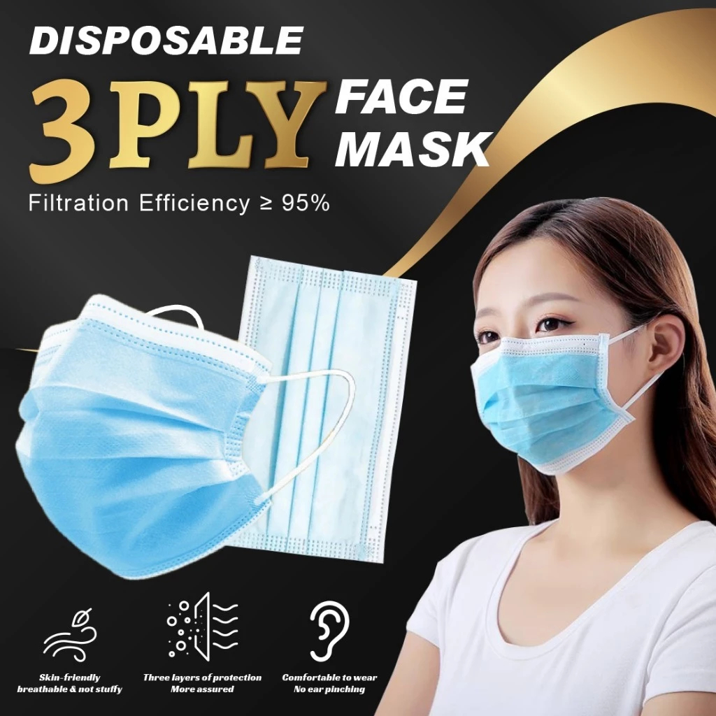 50pcs Earloop Hitam Mask Protective 3ply Black Blue Disposable Adult ...