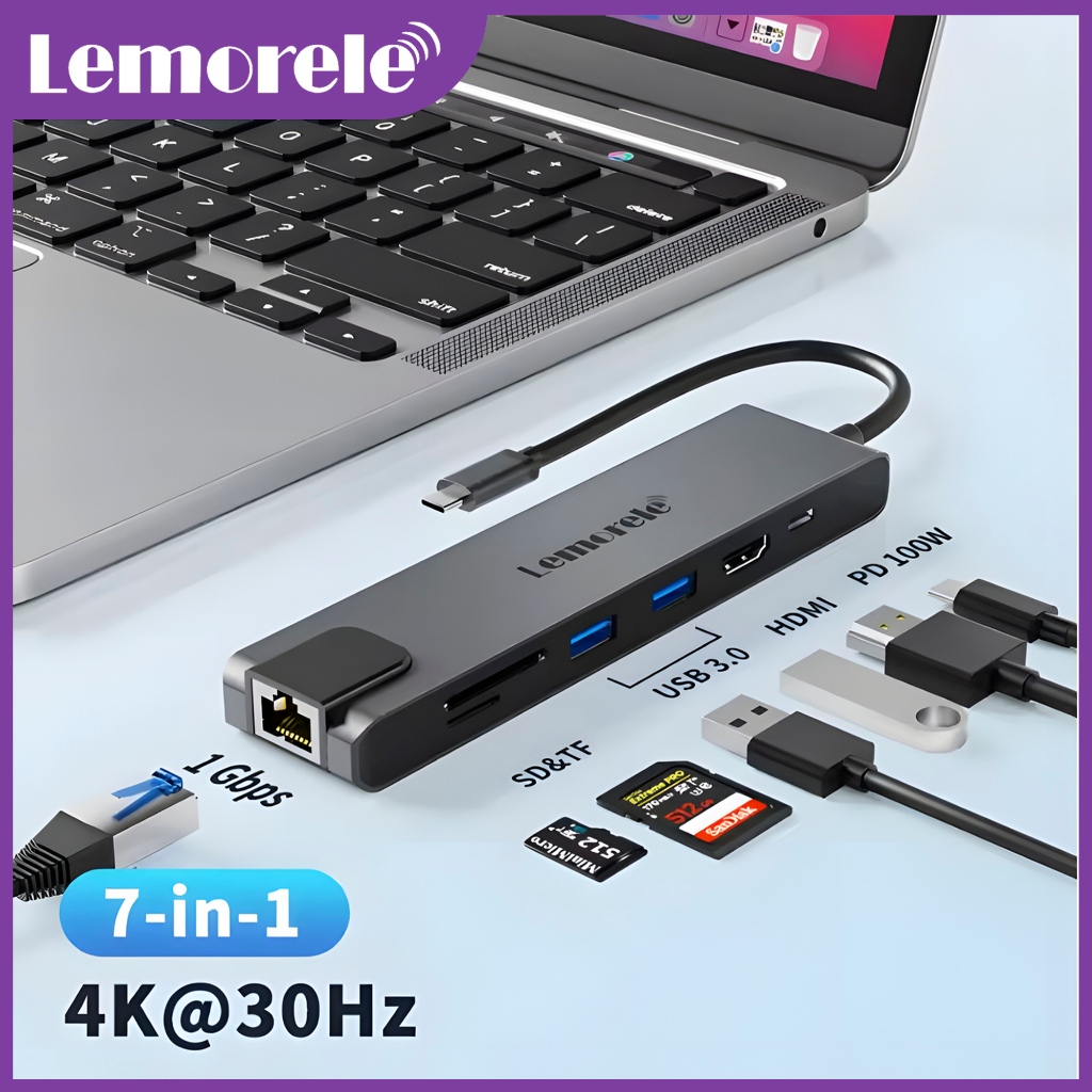 Lemorele TC25 7 in 1 USB C Hub Adapter 4K HDMI Gigabit RJ45 Ethernet ...