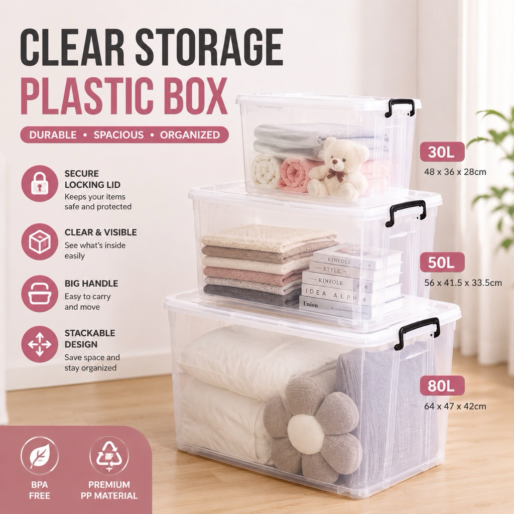 Abbaware Clear Storage Box Transparent (30L/50L/ 80L) Kotak Simpanan ...