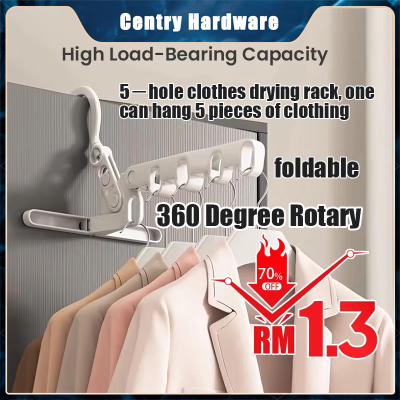 Travel Clothes Drying Rack - Foldable 5-Hole Wall Mounted Hanger with ...