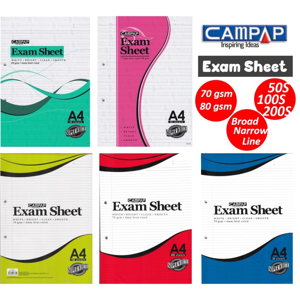 Campap Exam Sheets Foolscap Paper A4 80gsm 50 sheets Note Taking Paper ...