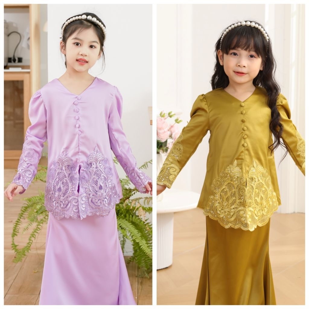 Children's Sequin Embroidered Silk Kebaya Set, Raya clothes Kids Kebaya ...