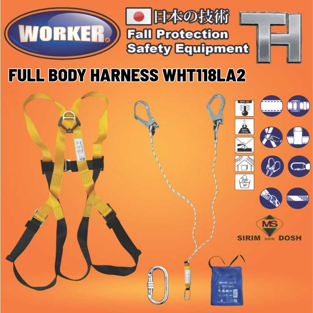 ~ WORKER WHT118LA2 Full Body Safety Harness Set with Double Lanyard ...