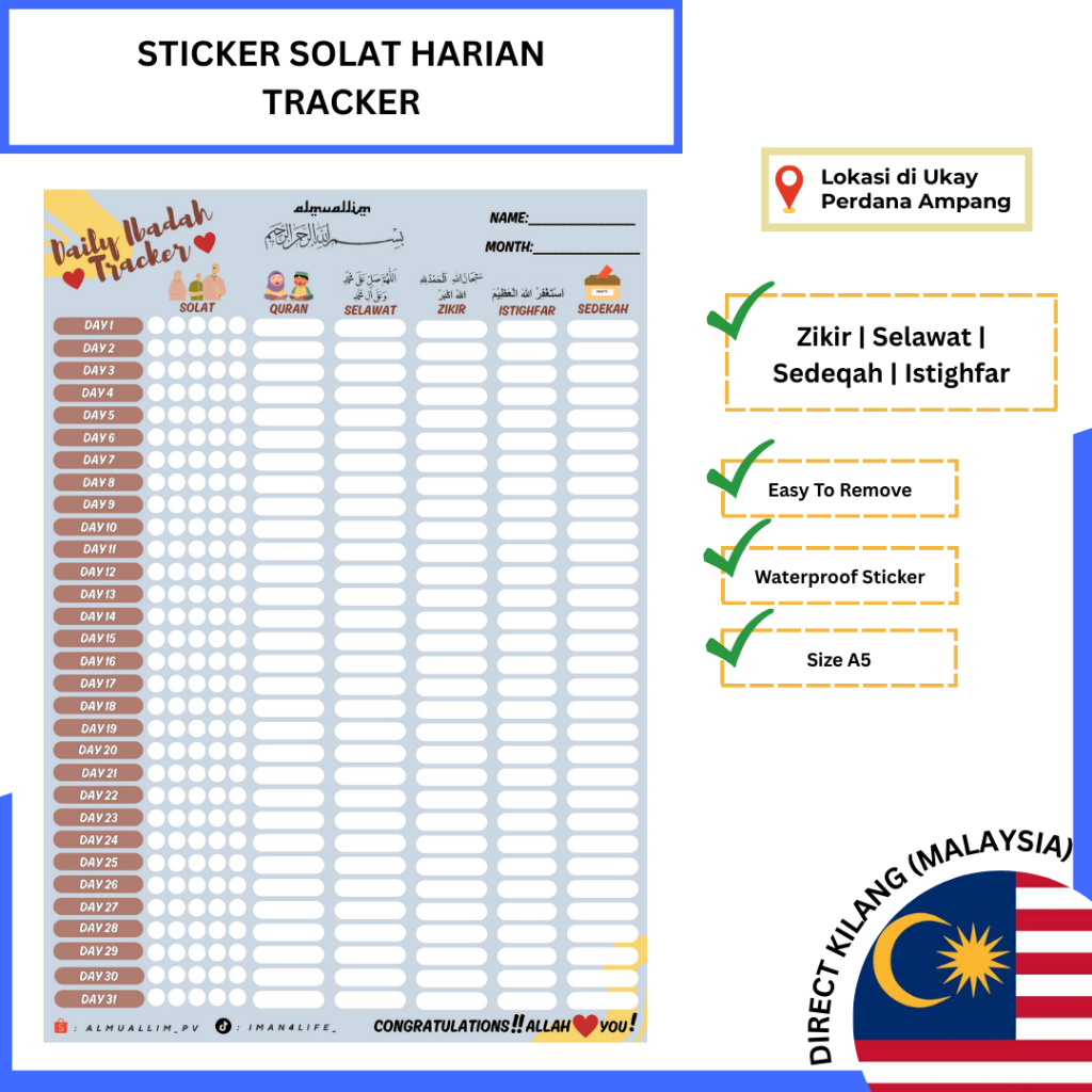 ALMUALLIM Sticker Checklist Daily Ibadah Solat Zikir Harian Tracker ...