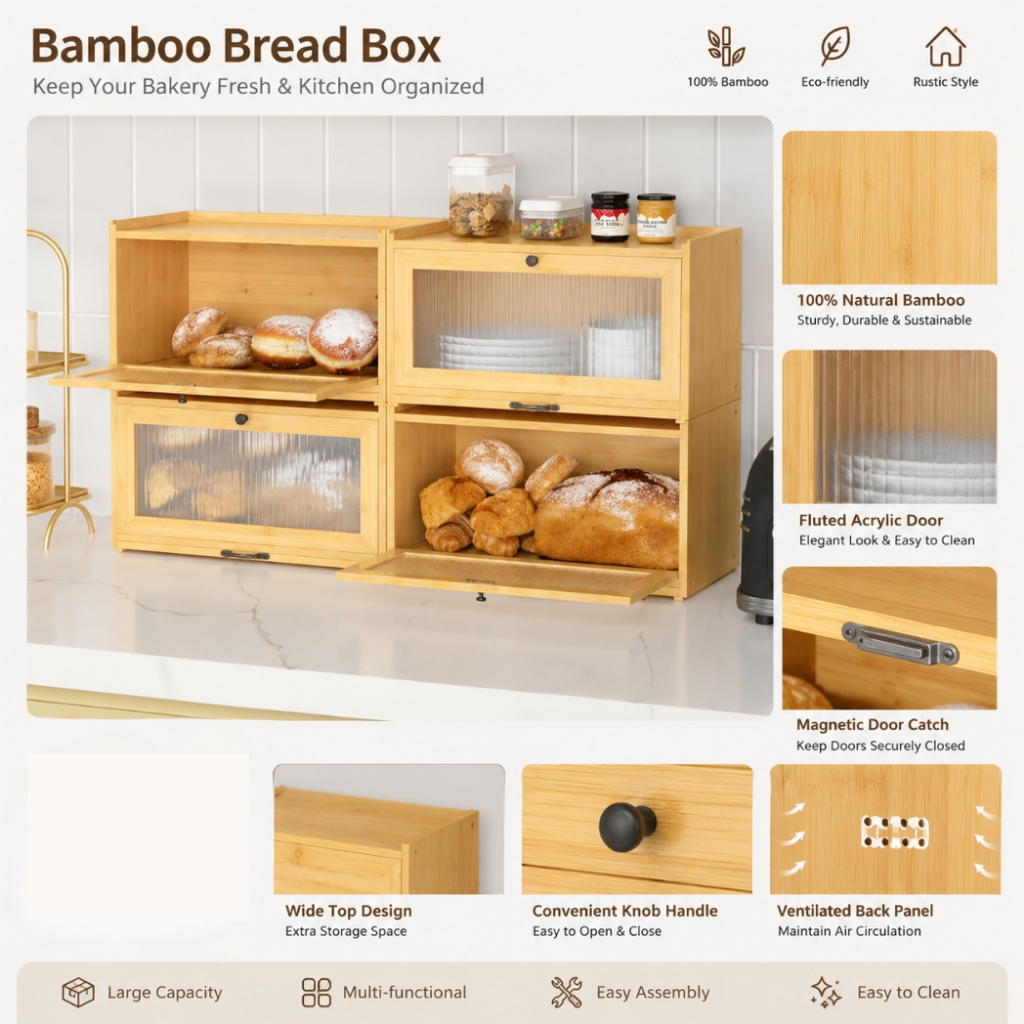 RMI Bamboo Bread Box Bread Storage Container Kitchen Counter Organizer ...