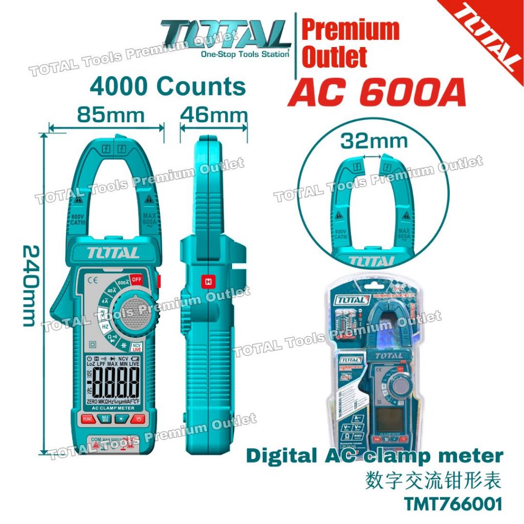 TOTAL Tools Digital AC clamp meter 4000 counts ( AC Current / DC/AC ...