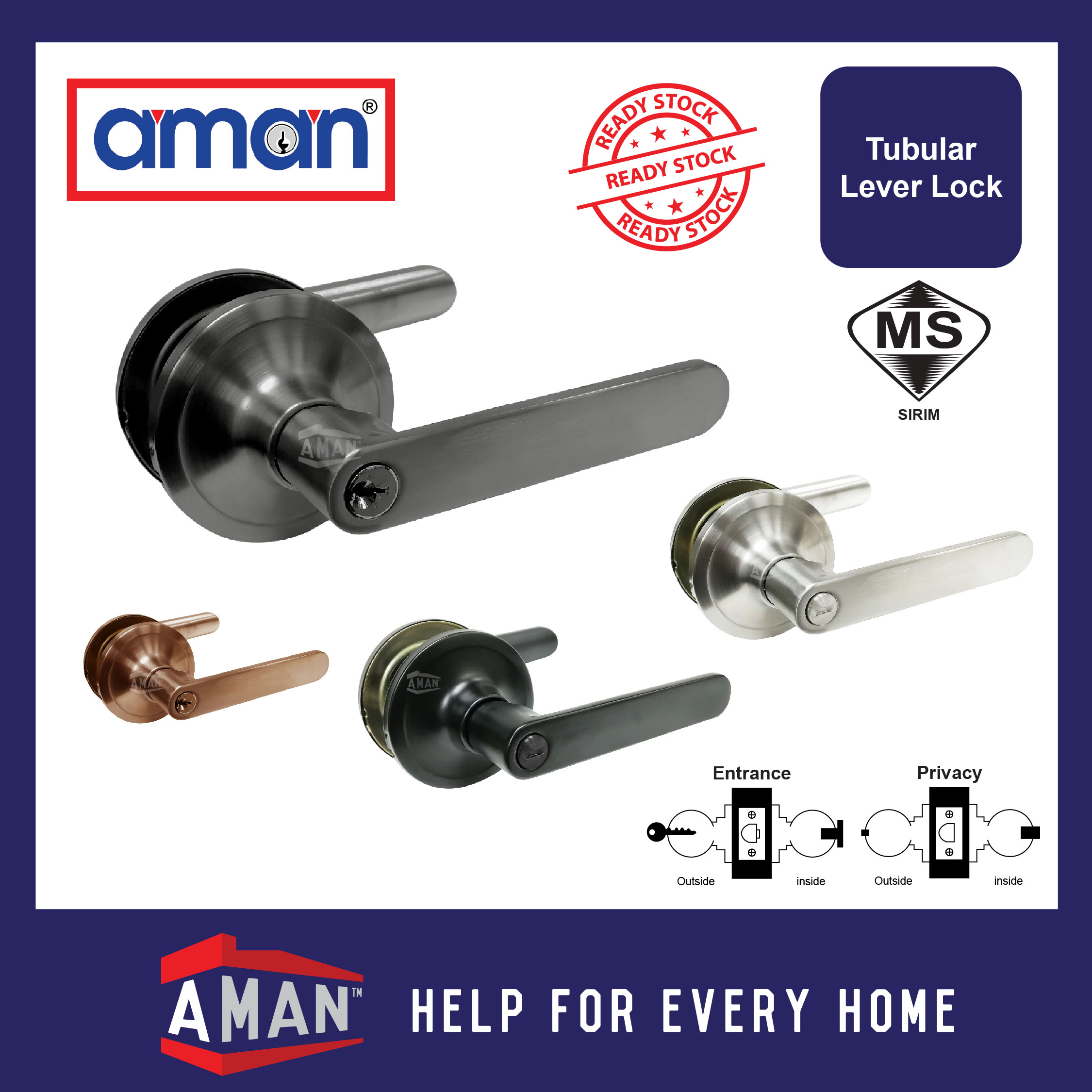 AMAN Heavy Duty Tubular Lever Lock Entrance Privacy Level Handle Door ...