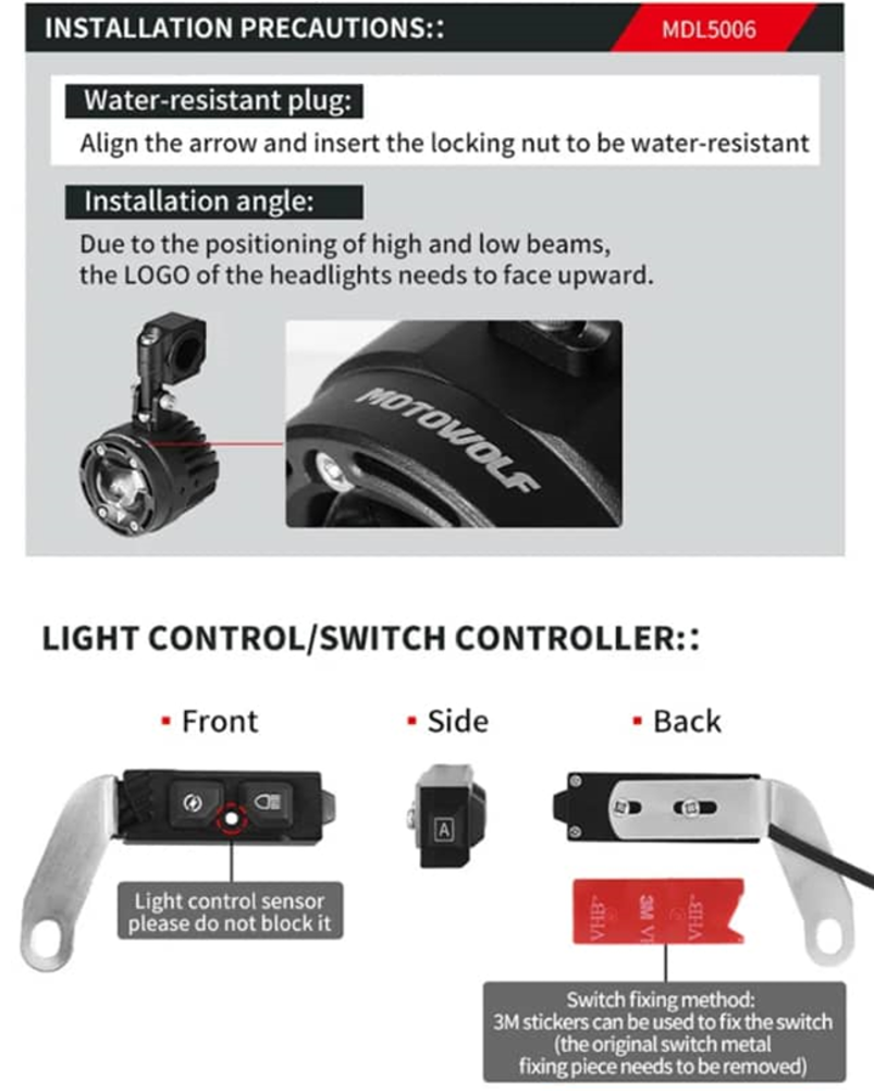 MOTOWOLF Motorcycle ALUMINIUM LED Spotlight Daylight Control Censor ...
