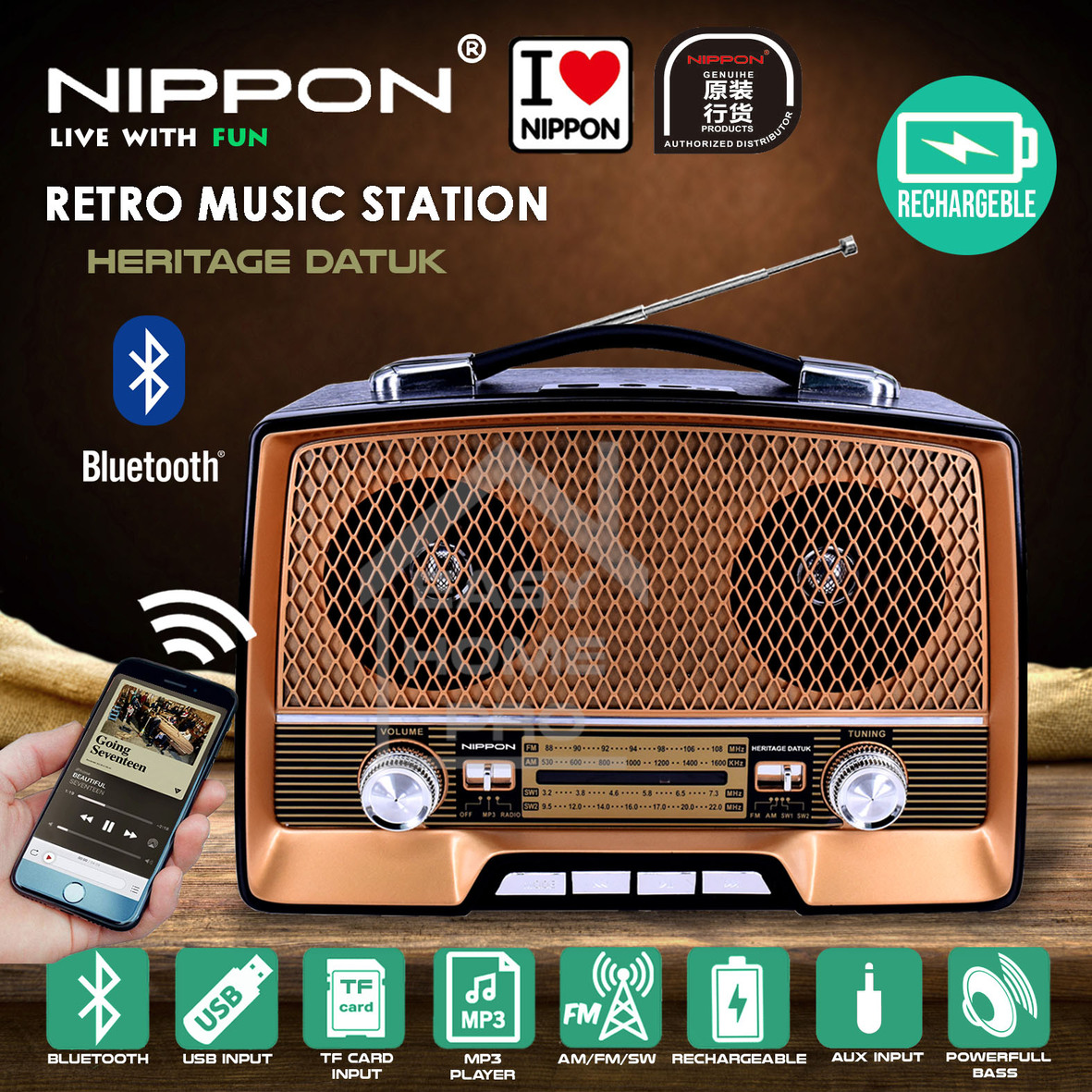 NIPPON DATUK FM/AM/SW1/SW2 4 BAND PORTABLE RADIO RECHARGEABLE MULTIBAND ...