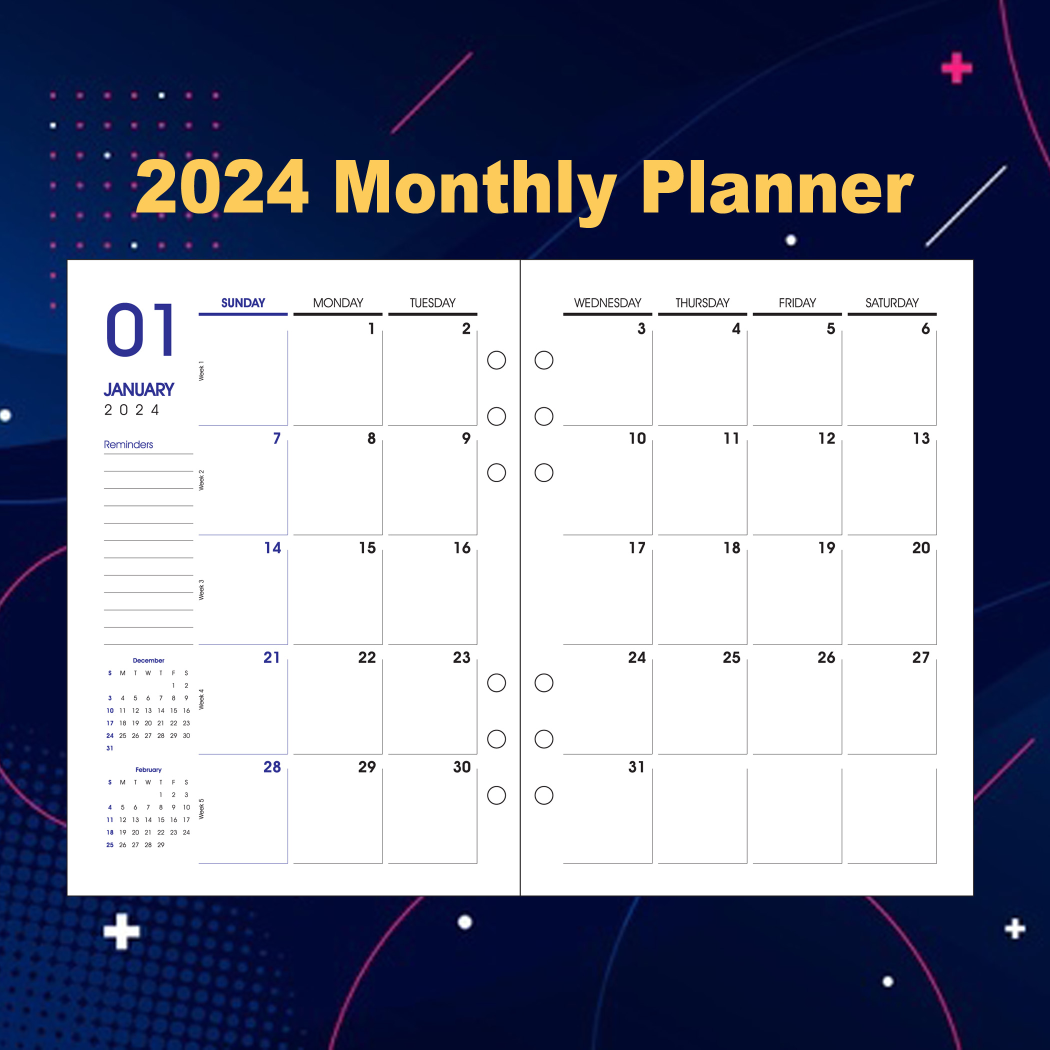 2024 Diary Planner A5 PU Organizer 6 O Ring Binder Loose Leaf Monthly