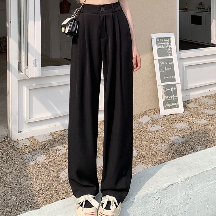 Women High Waist Wide Leg Pants Korean Style Solid Color Loose Ladies Calf-length Casual Pants
