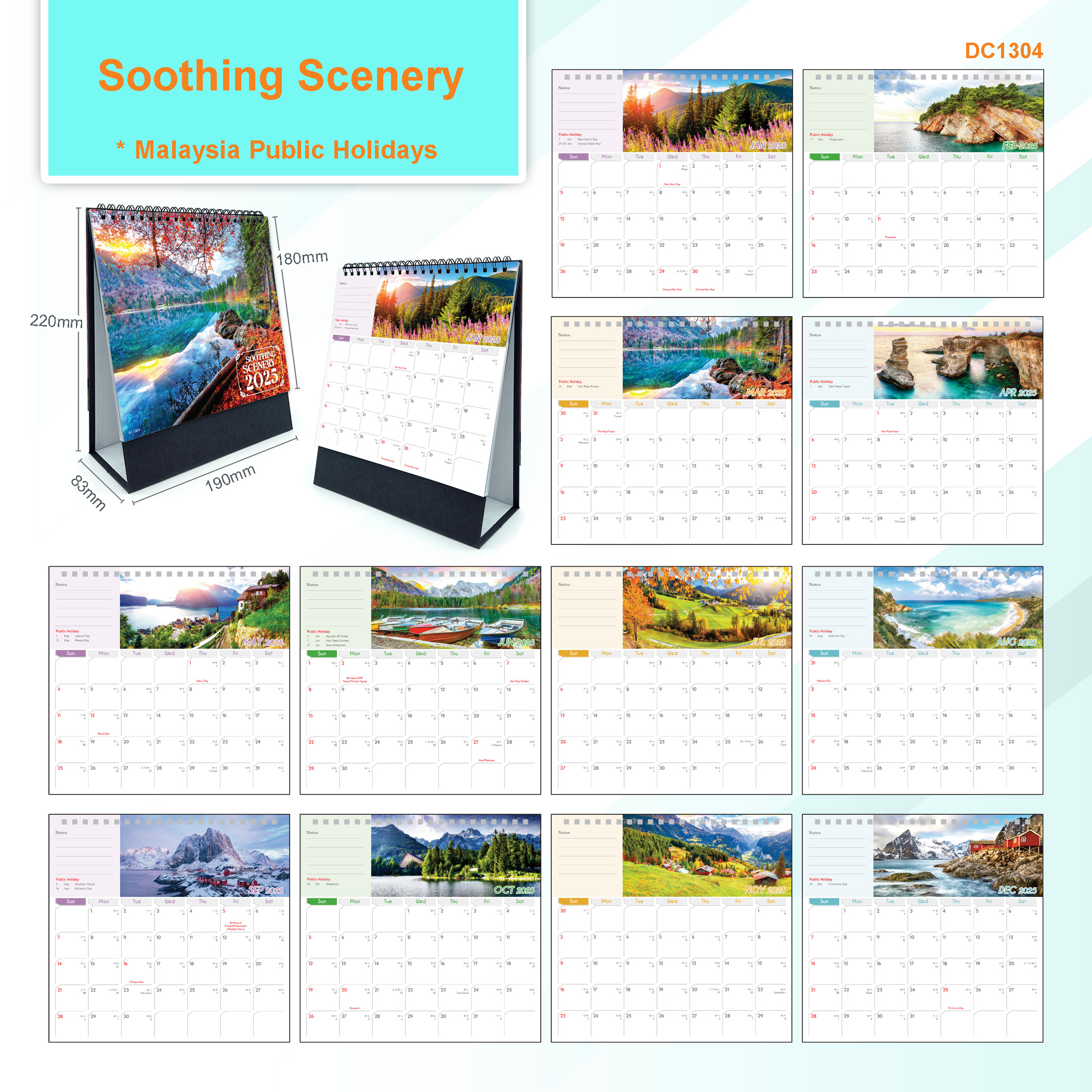2025 Table Desk Calendar Public Holiday Islamic & lunar date Hard line