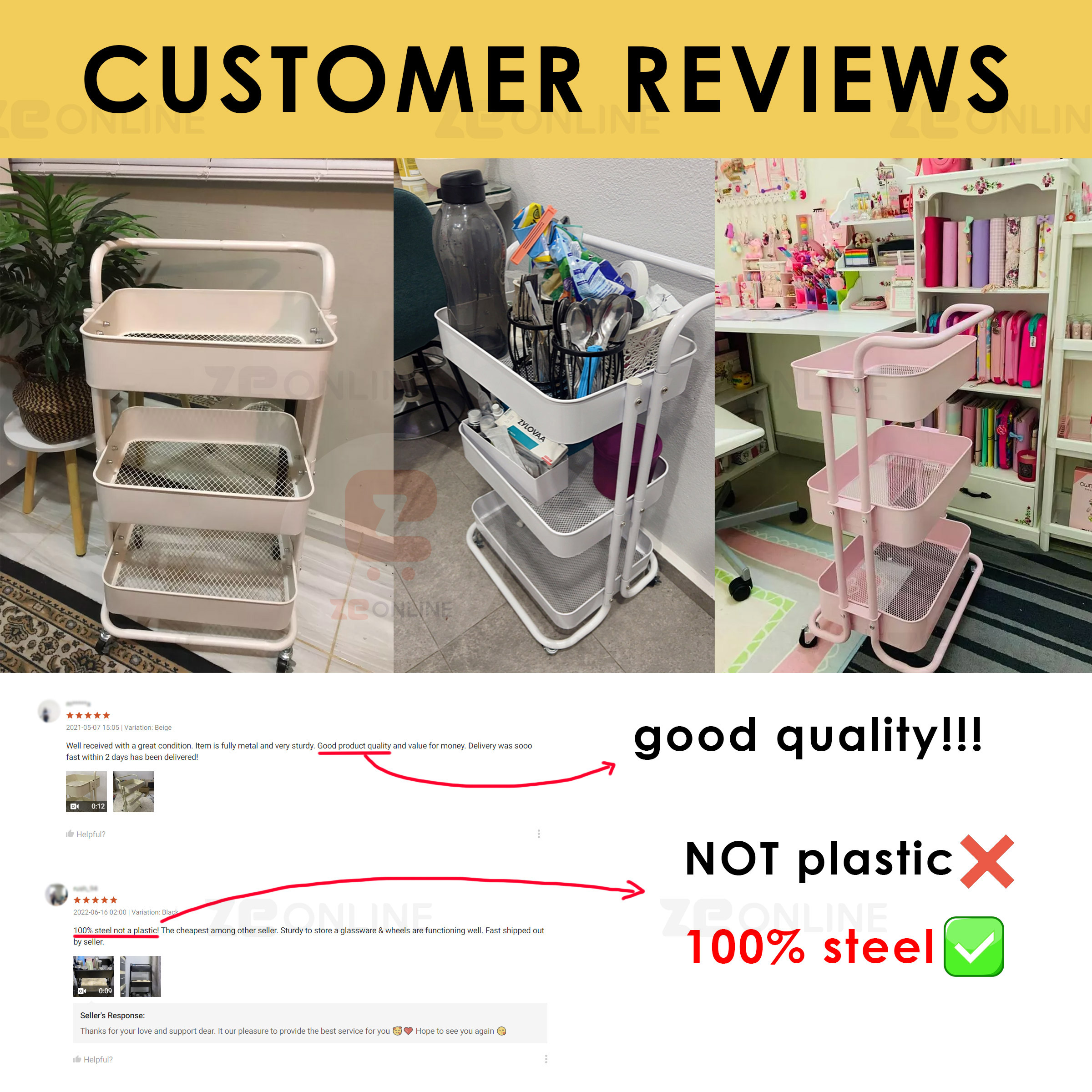 【100% Steel】3 Tiers Full Steel Trolley Rack/Shelves Kitchen Rack/Rak ...