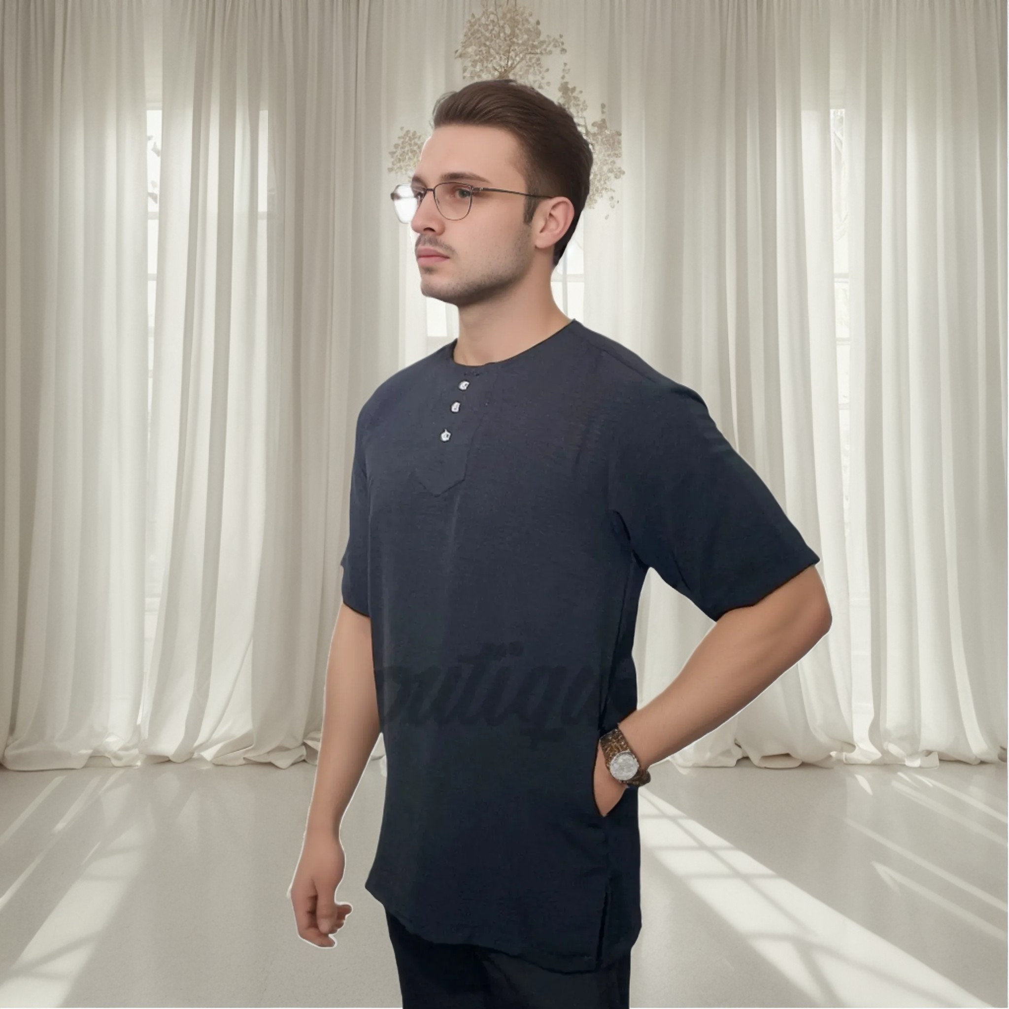 Kurta Lelaki Cey Material Ironless Short Sleeve Musliman Baju Ada Side ...
