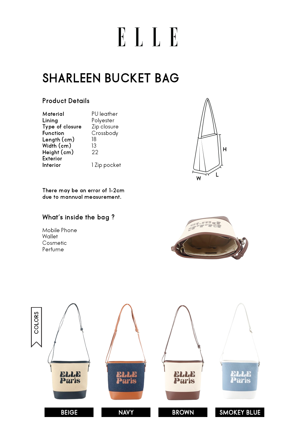 ELLE Sharleen Bucket Bag in 4 Colours (Beige, Navy, Brown & Smokey Blue ...