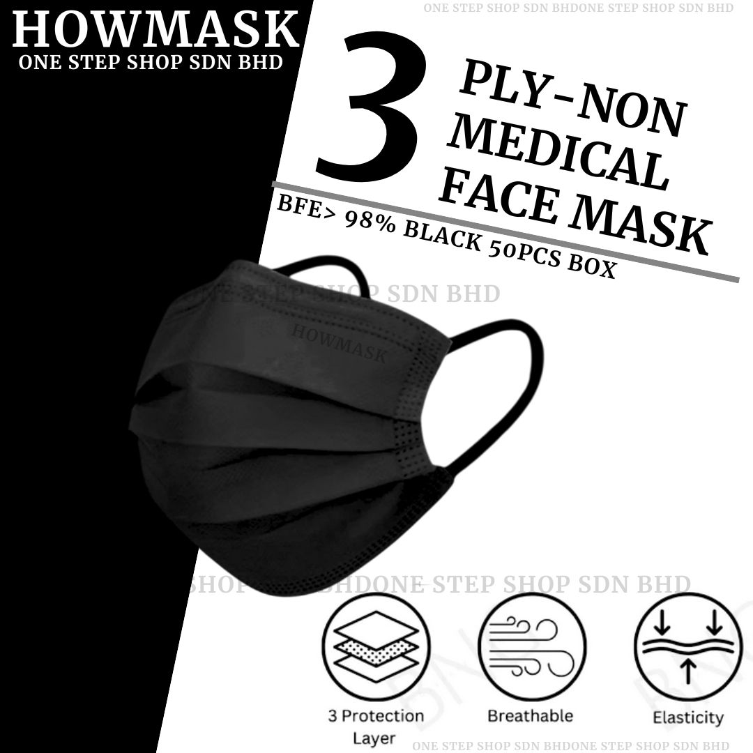 50pcs Black/Inner White Mask 3ply HOWMASK Tebal Medical Disposable Mask ...