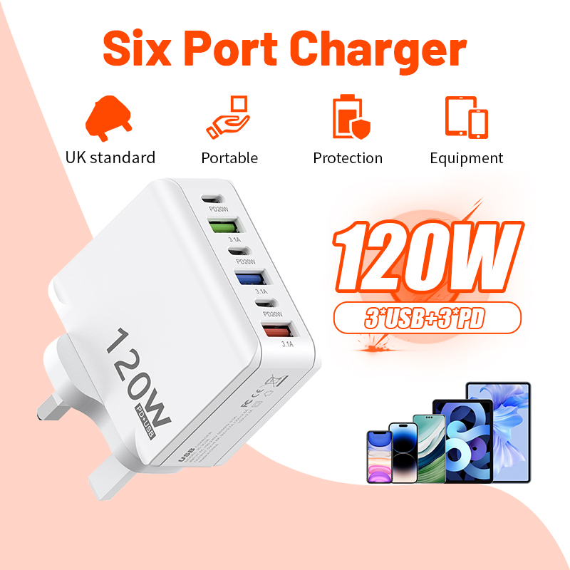 120W 6 Ports USB Charger 3 USB+3 Type C Fast Charge Phone Power Adapter ...