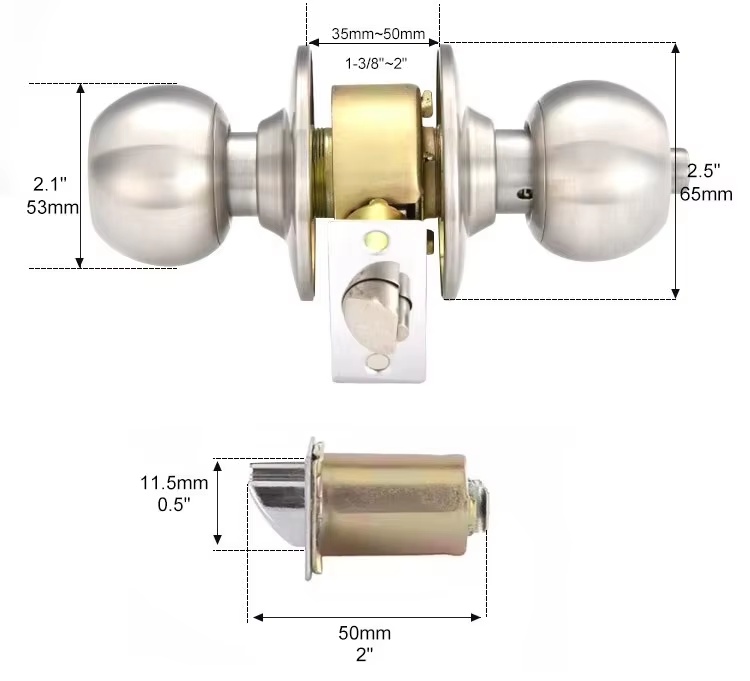 3872SS Keyless Cylindrical Round Door Knob Lock for Toilet , Store Room ...