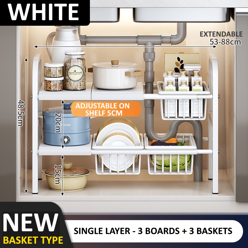 NEW VERSION BOARD + BASKET Extendable Stainless Steel Under Sink Rack ...