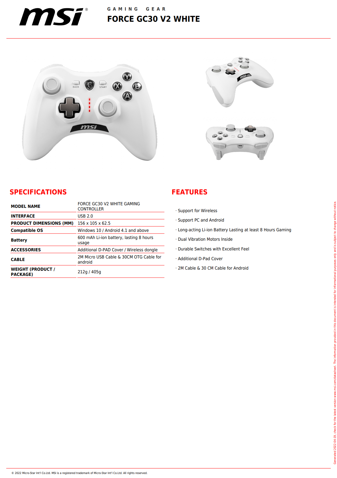 MSI FORCE GC30 V2 WIRELESS GAMING CONTROLLER - WHITE | Shopee Singapore