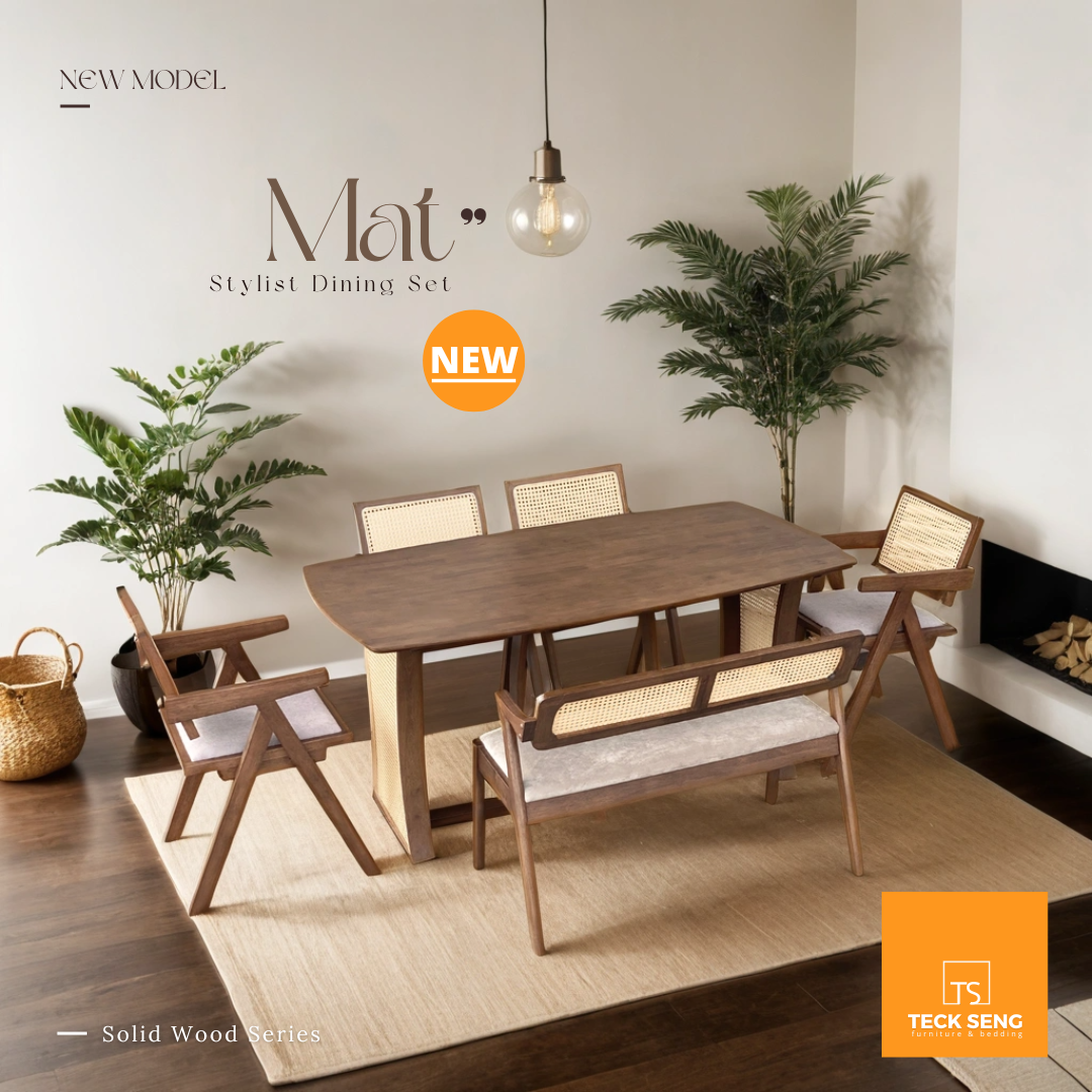 [TECK SENG DINING SET] - SOLID WOOD/ RATTEN DINING TABLE SET/ SET MEJA ...