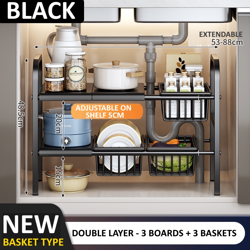 NEW VERSION BOARD + BASKET Extendable Stainless Steel Under Sink Rack ...