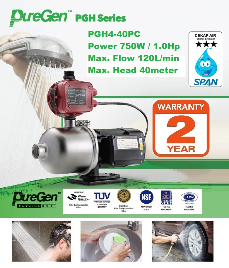 PureGen PGH 0.75kW / 1.0Hp PC-Auto Stainless Steel Water Booster Pump ...