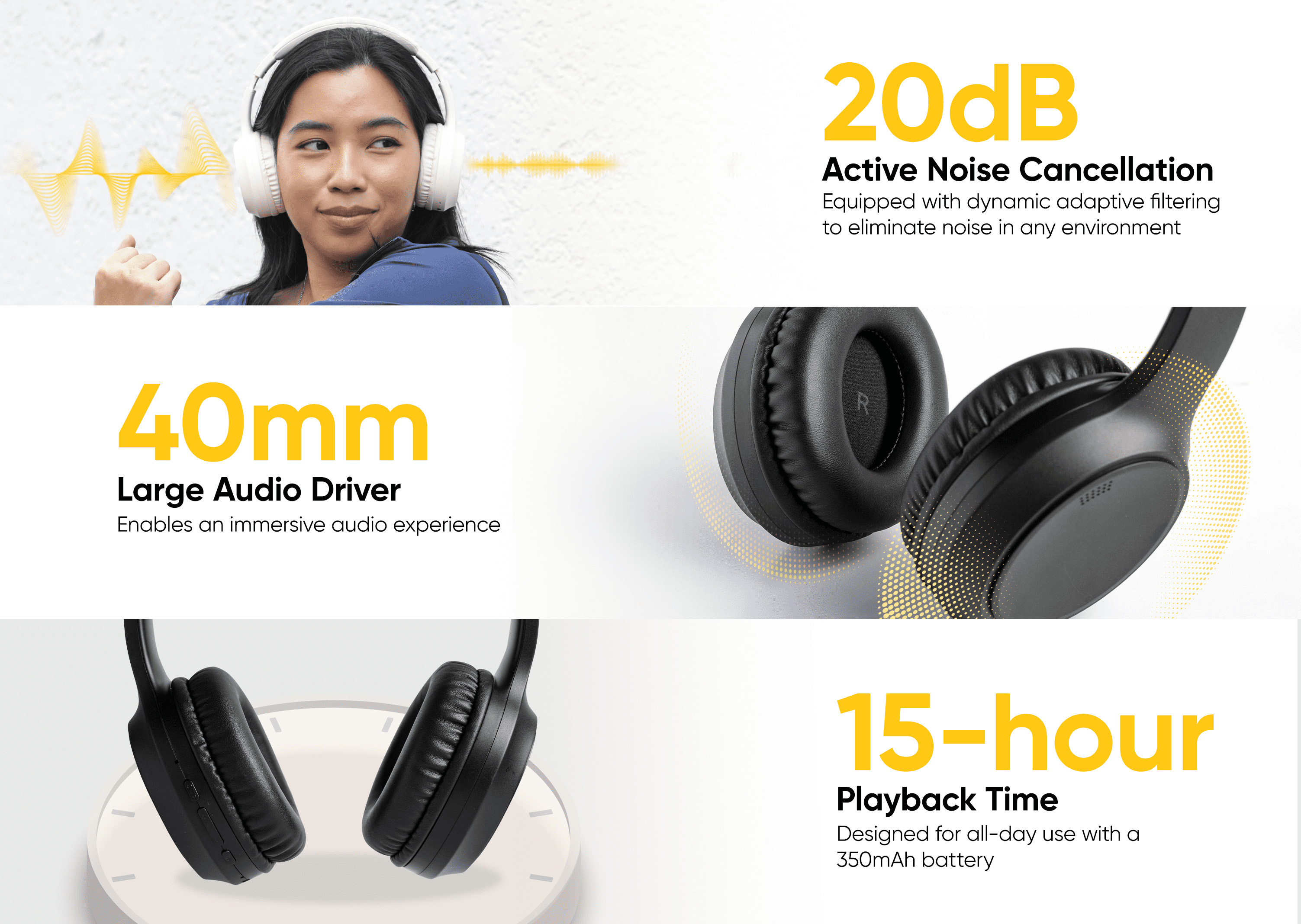 TechLife Wireless Bluetooth Headphones 20dB Active Noise Cancellation ...