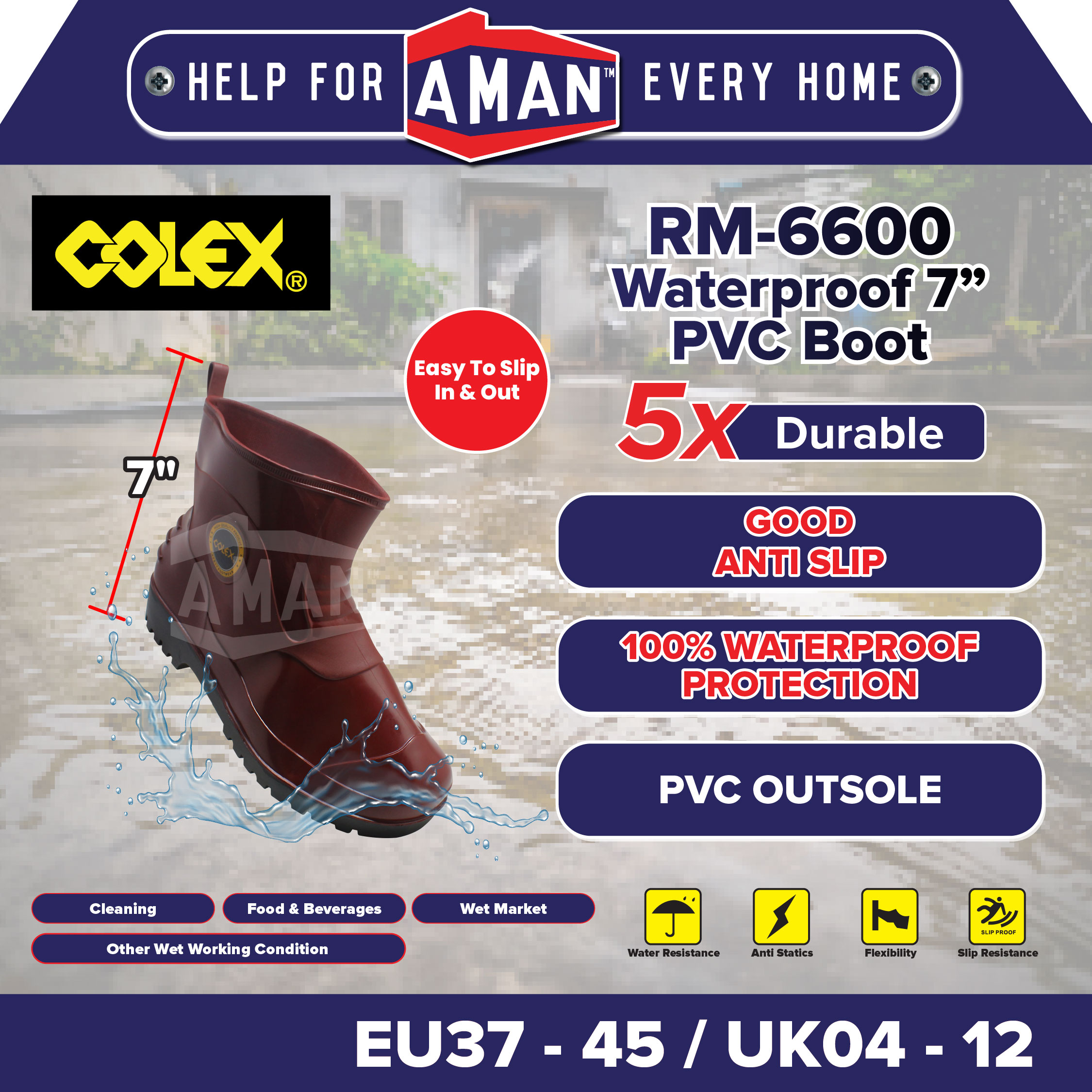 COLEX RM-6600 PVC Kitchen Boot Rain Boots Waterproof Anti Slip Garden ...