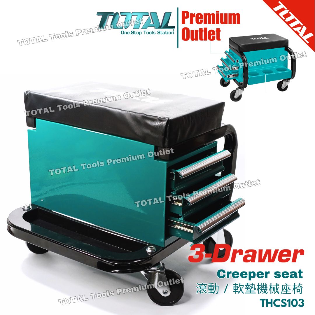 TOTAL Tools Creeper seat w/ 3 side drawers, Front tray, Back rack 滾動 ...