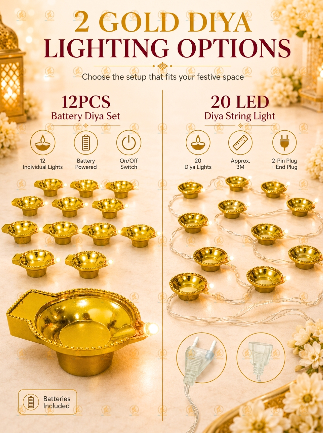 12PCS Deepavali Gold LED Diya Light Battery Operated Agal Vilakku Warm ...