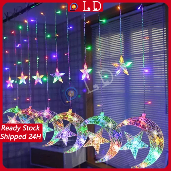Lampu Raya 8 Modes 4M Lampu Hiasan LED Star Moon Curtain String Light ...