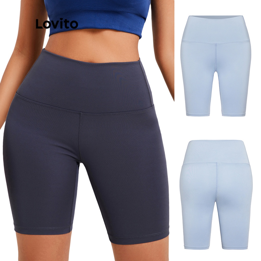 Lovito Basic Plain Sporty High Waist Peach Butty High Stretch Cycling Shorts for Woman L13X093 (Gray)