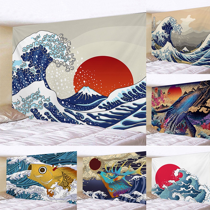 Whale Tapestry Wall Hanging Japanese Art Whale Great Wave Koi Fish Cherry  Blossom Sun Wall Decor 