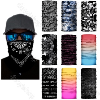 Buff on the face is black and white color. Bandana, scarf, buff