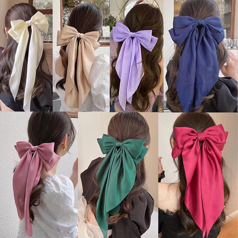 Long Big Hairpin Korea Oversized Bowknot Silk Scarf Hair Clip Fashion ...