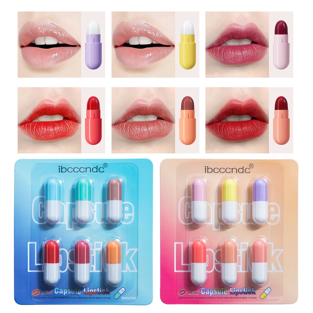 Mini Cute Capsule Lipstick Set with Lip Balm Moisturizing Waterproof Nonstick Cup Carry Pill
